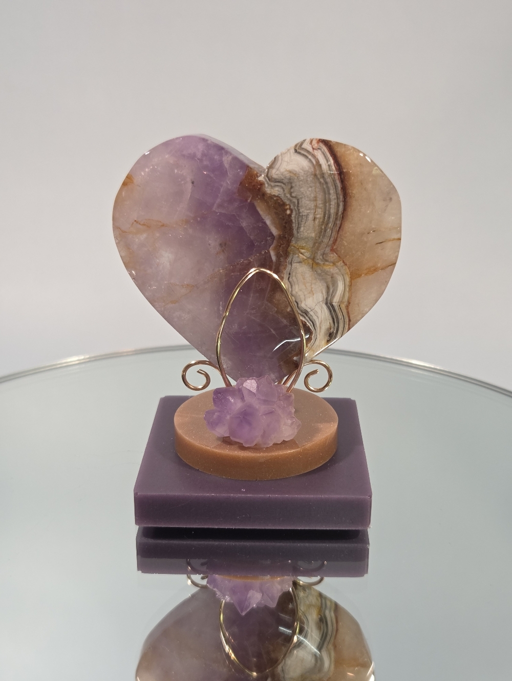 Natural Auralite-23 Amethyst Gemstone Heart On Handmade Resin & Bronze Display